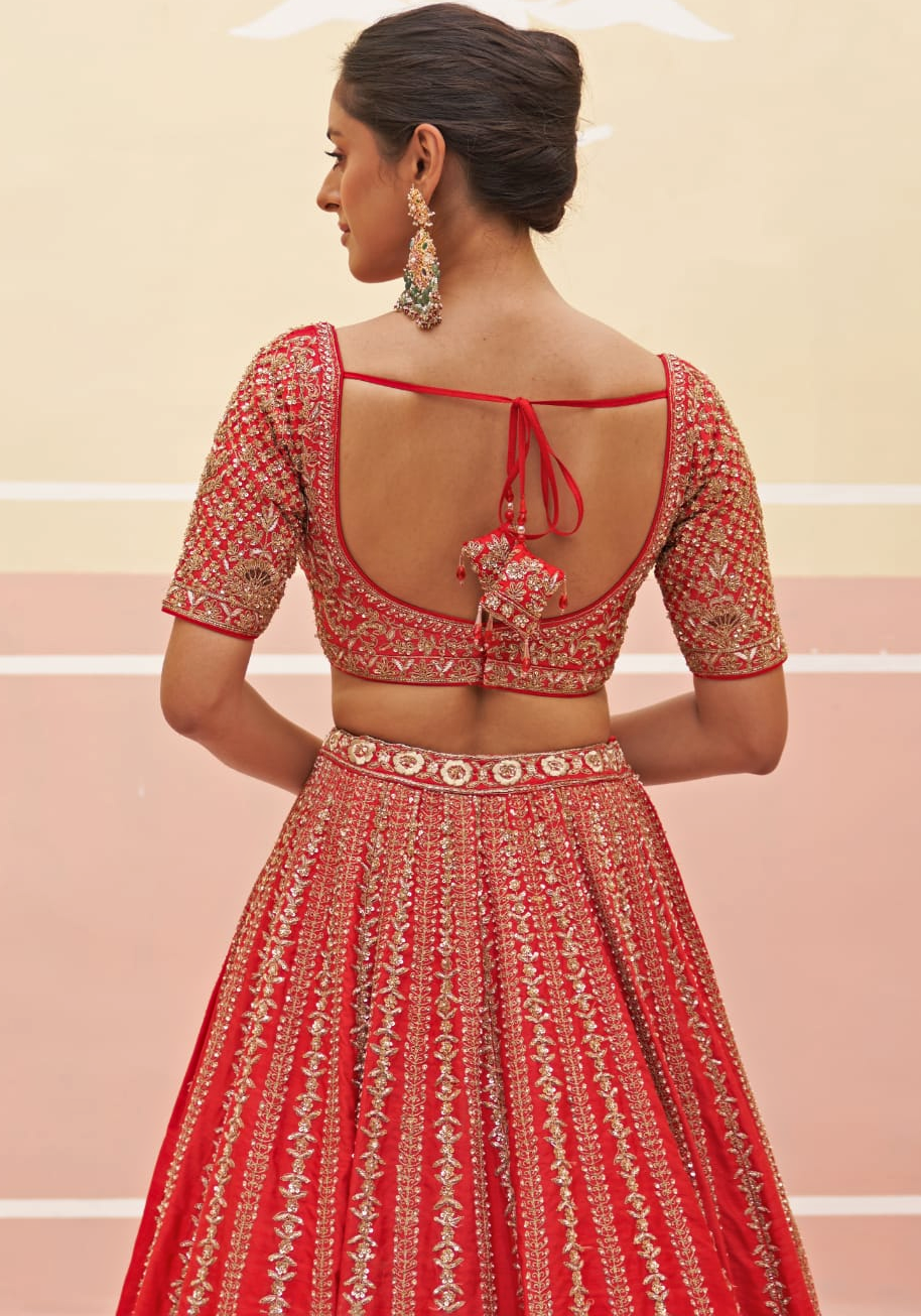 Royal Red Silk Linear Embroidered Red Bridal Lehenga