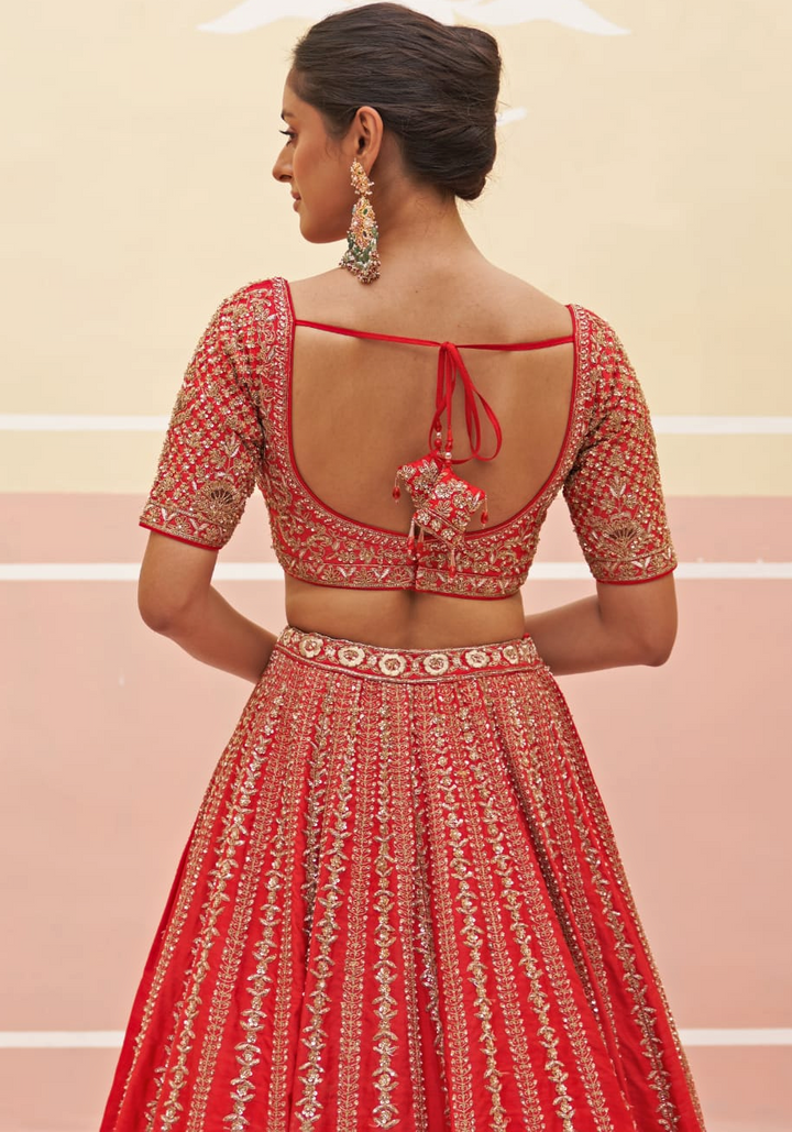 Royal Red Silk Linear Embroidered Red Bridal Lehenga