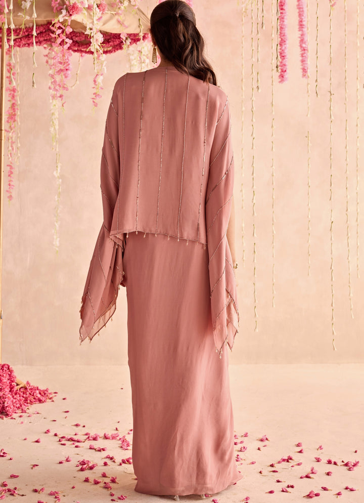 Champagne Embroidered Drape Skirt Set