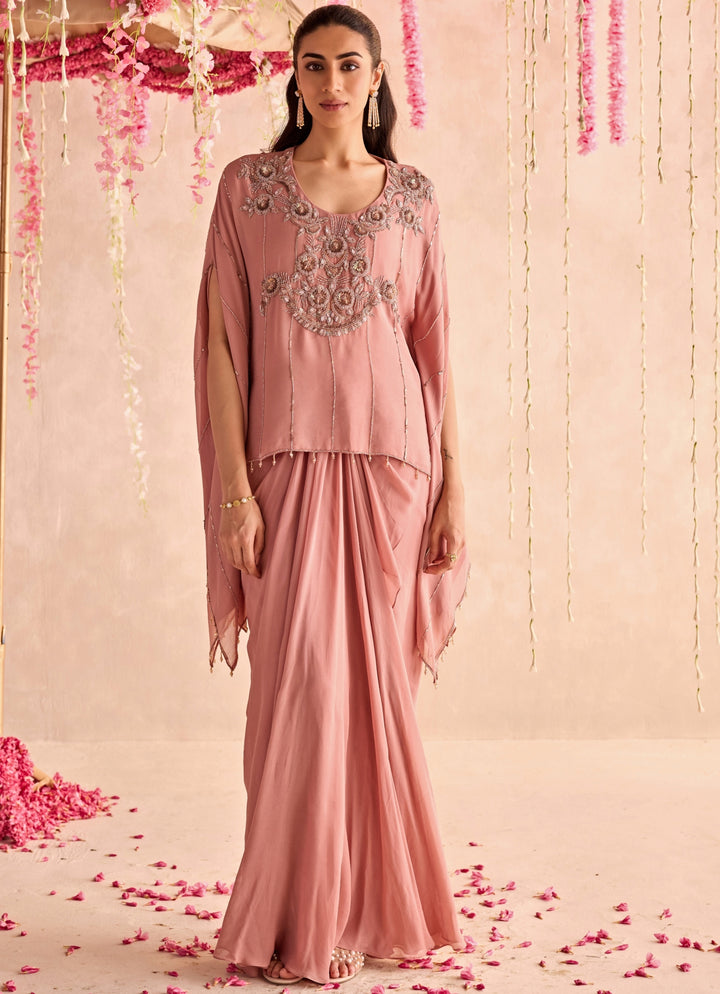 Champagne Embroidered Drape Skirt Set