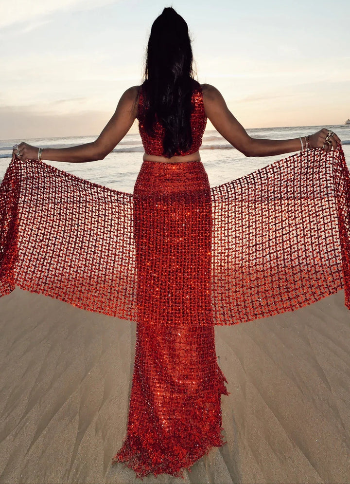 Ruby Red Sequinned Slit Skirt Set