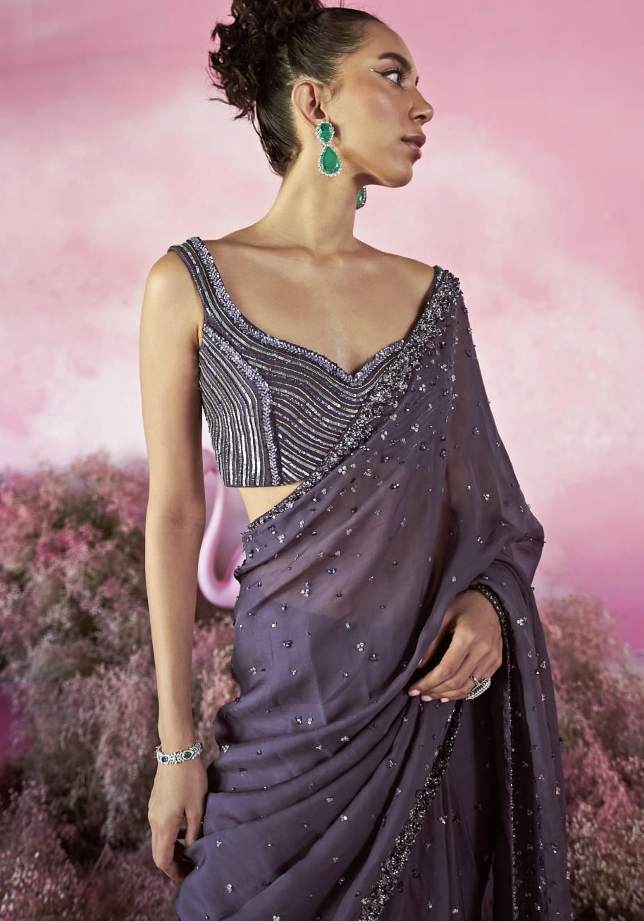 Deep Purple Sequinned Pre Draped Organza Saree