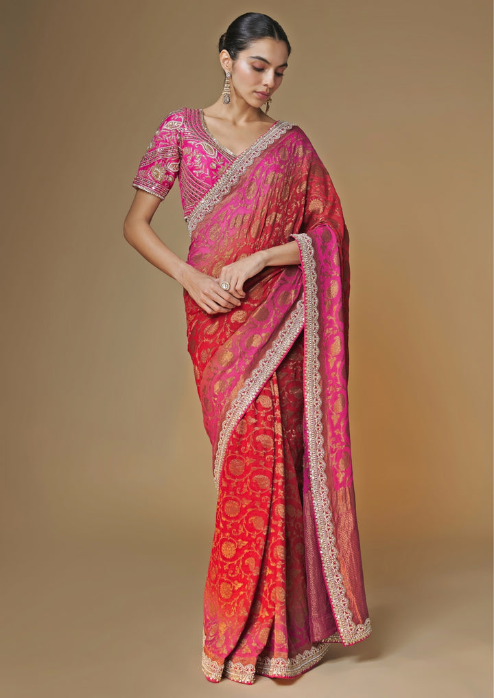 Pink And Red Banarasi Georgette Saree