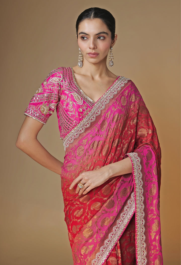 Pink And Red Banarasi Georgette Saree