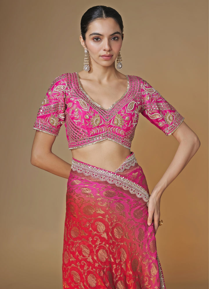 Pink And Red Banarasi Georgette Saree