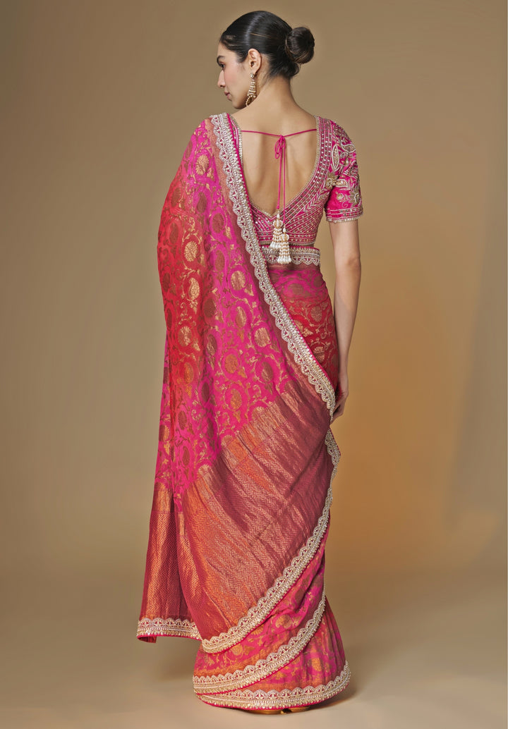 Pink And Red Banarasi Georgette Saree