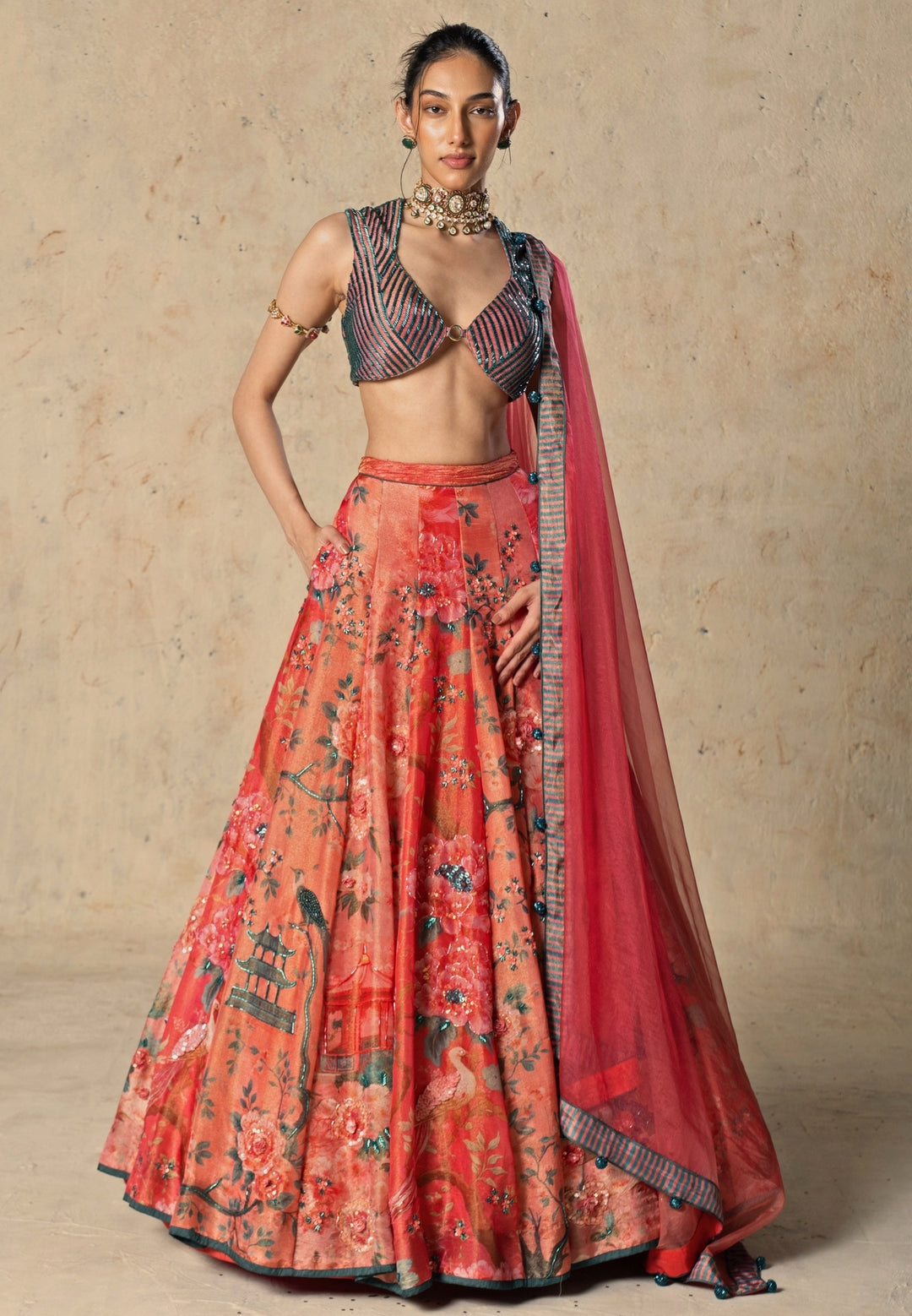 Coral Pink And Blue Printed Tissue Lehenga Set