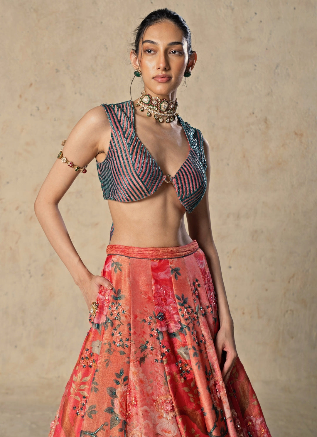 Coral Pink And Blue Printed Tissue Lehenga Set