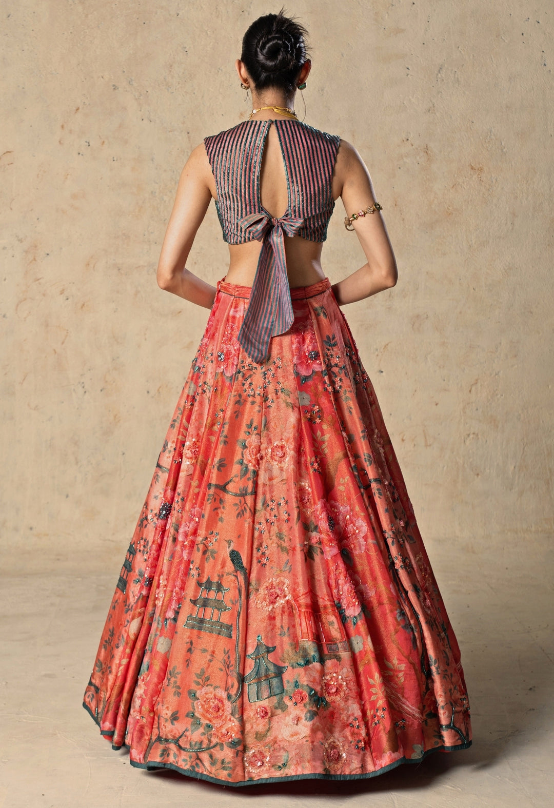 Coral Pink And Blue Printed Tissue Lehenga Set