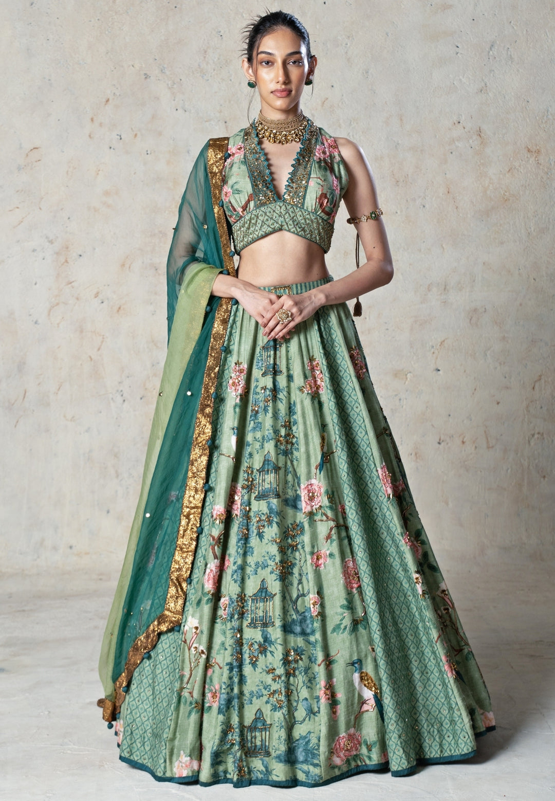 Green Printed Tussar Lehenga Set
