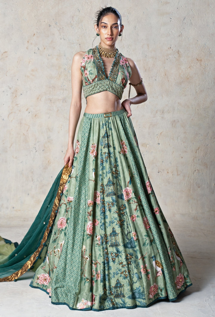 Green Printed Tussar Lehenga Set