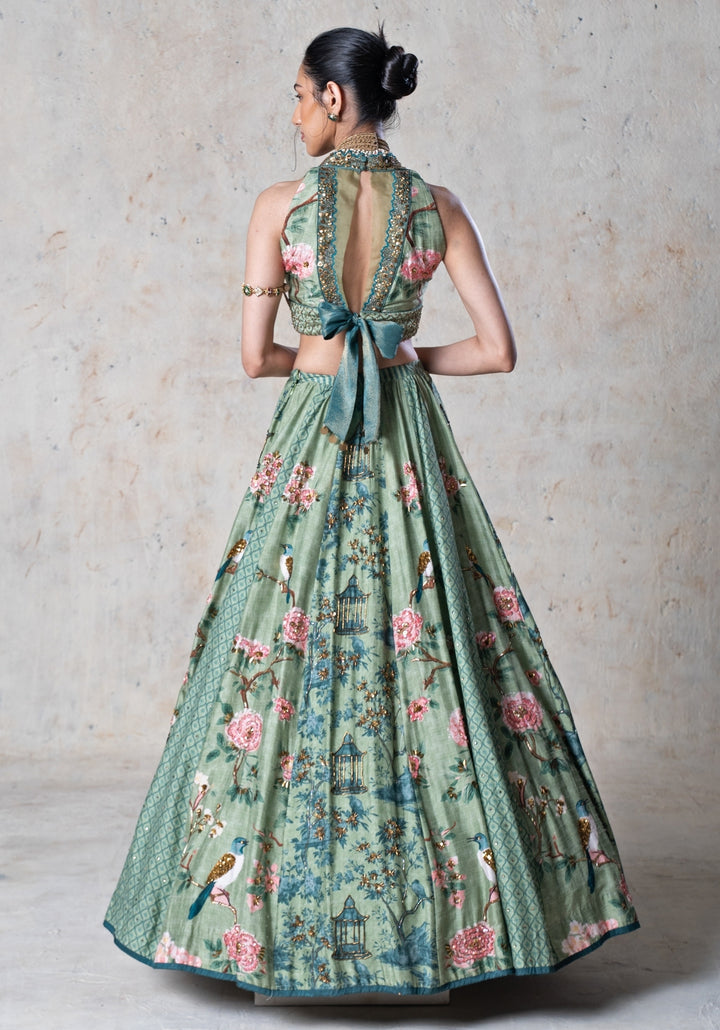Green Printed Tussar Lehenga Set