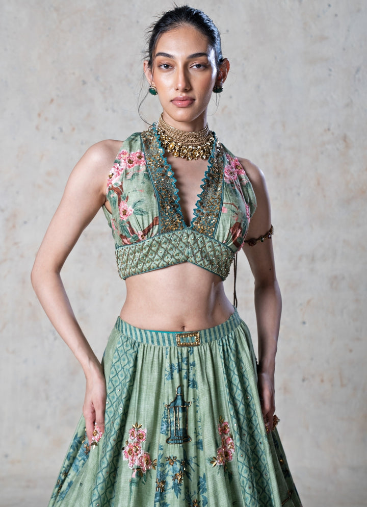 Green Printed Tussar Lehenga Set