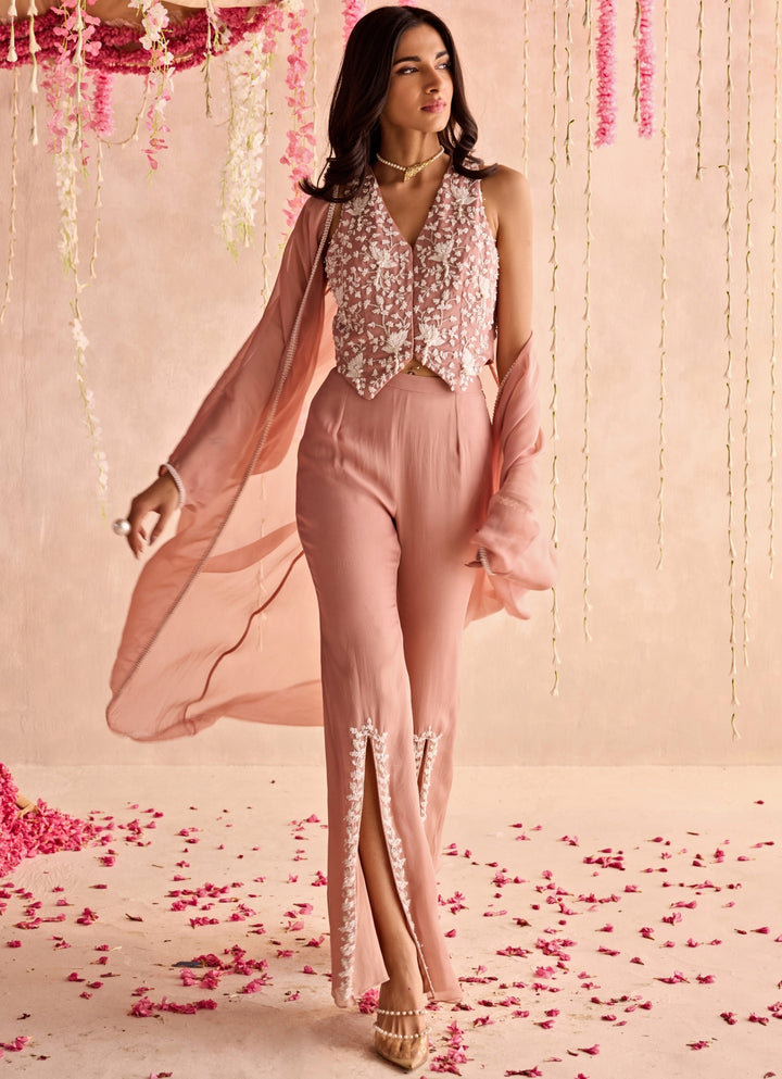Champagne Pink Embroidered Pants Set