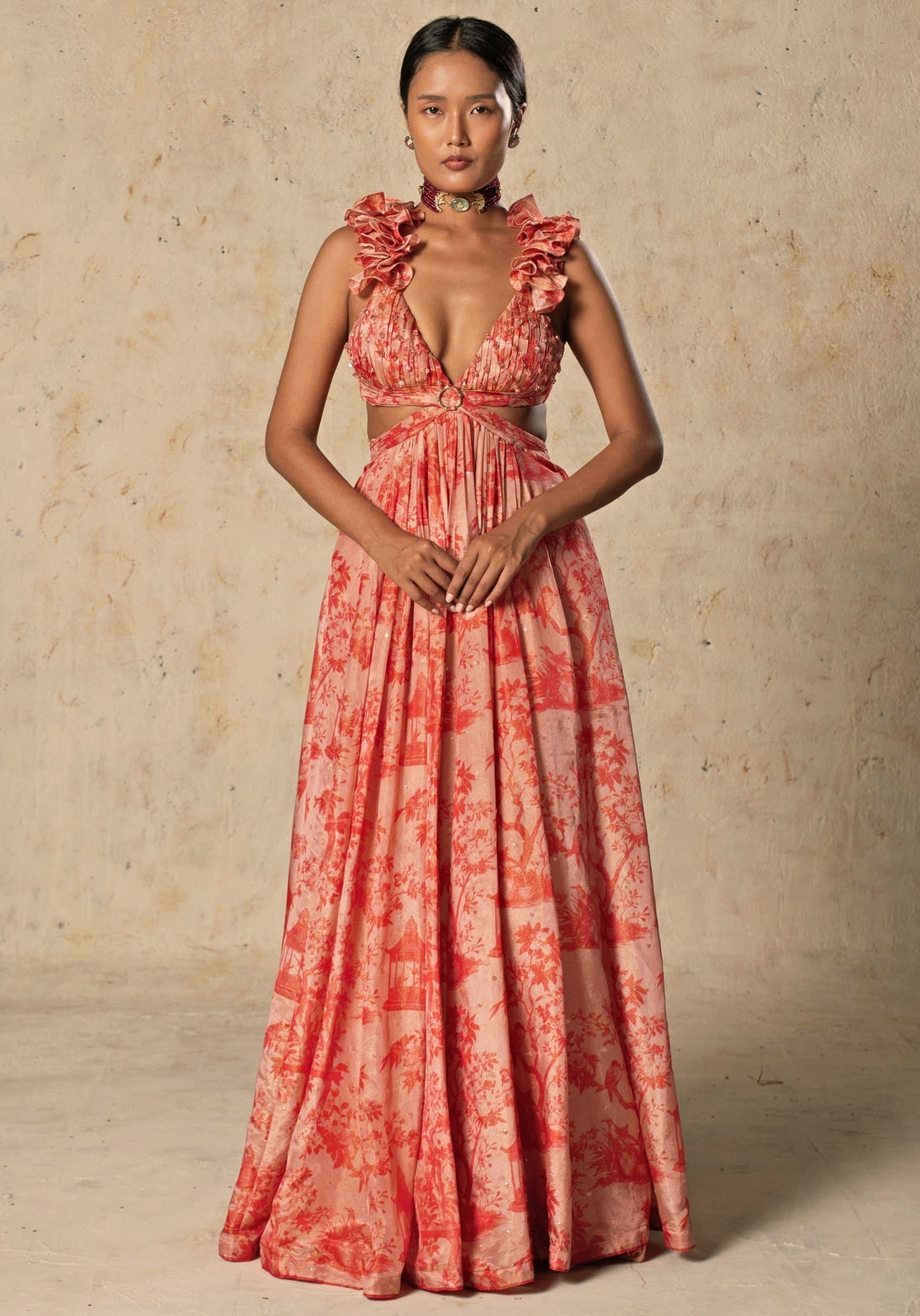 Peach Printed Tissue Gown