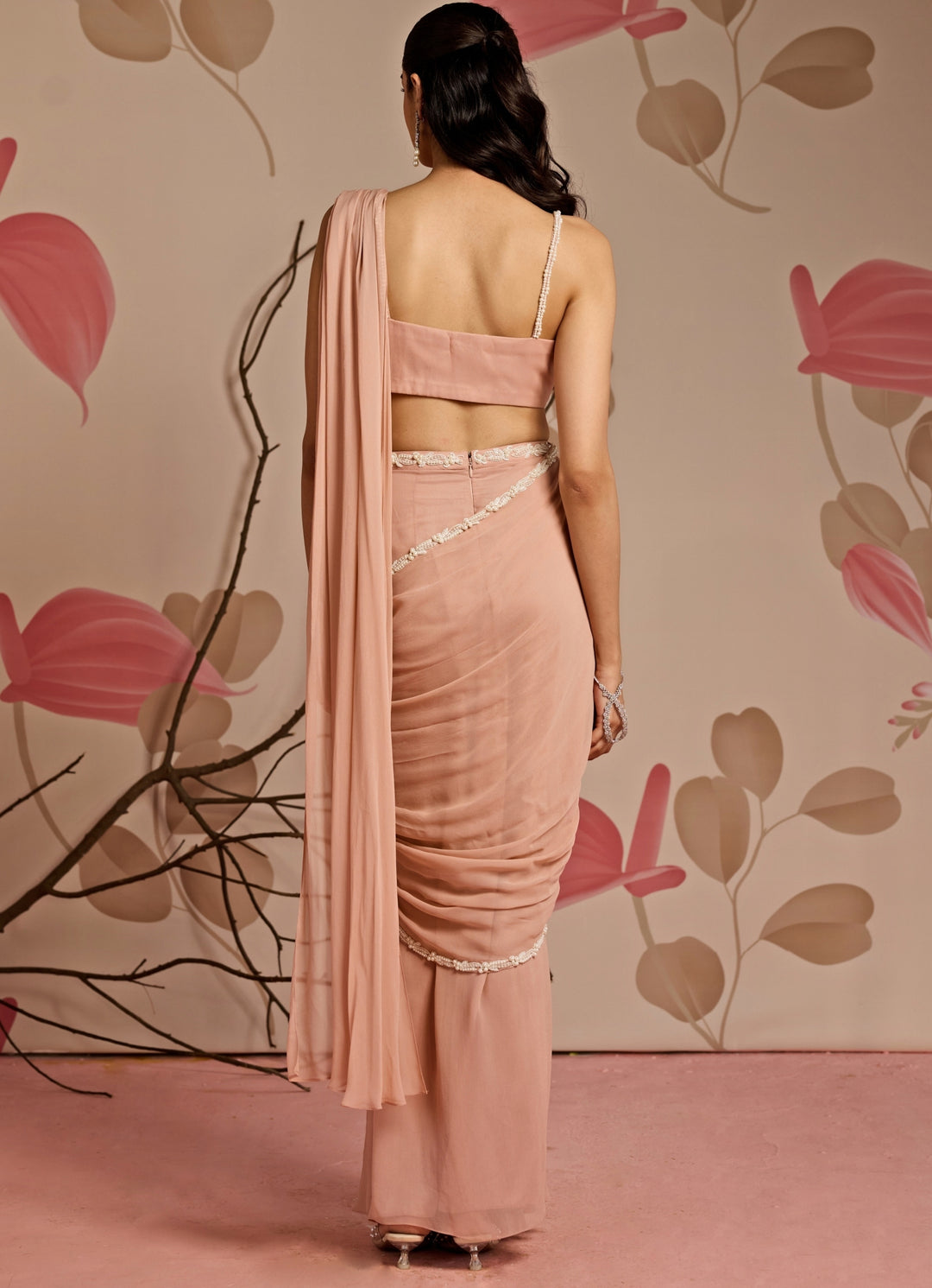 Dusty Pink Georgette Predraped Saree Set