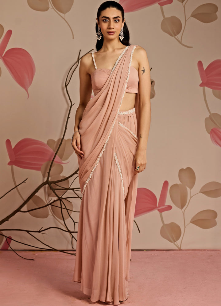 Dusty Pink Georgette Predraped Saree Set