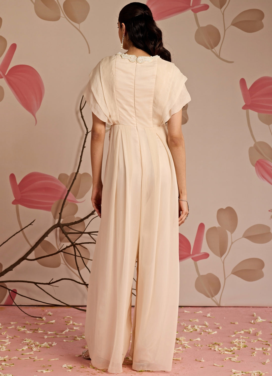 Ivory Embroidered Georgette Jumpsuit