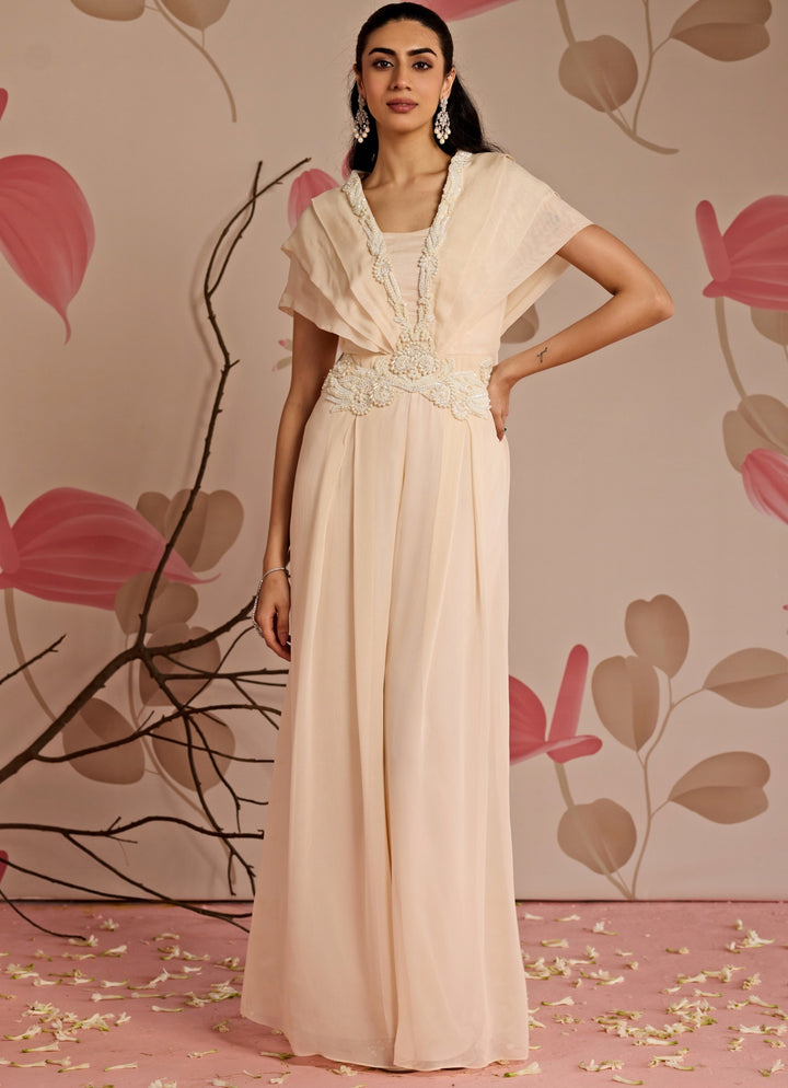 Ivory Embroidered Georgette Jumpsuit