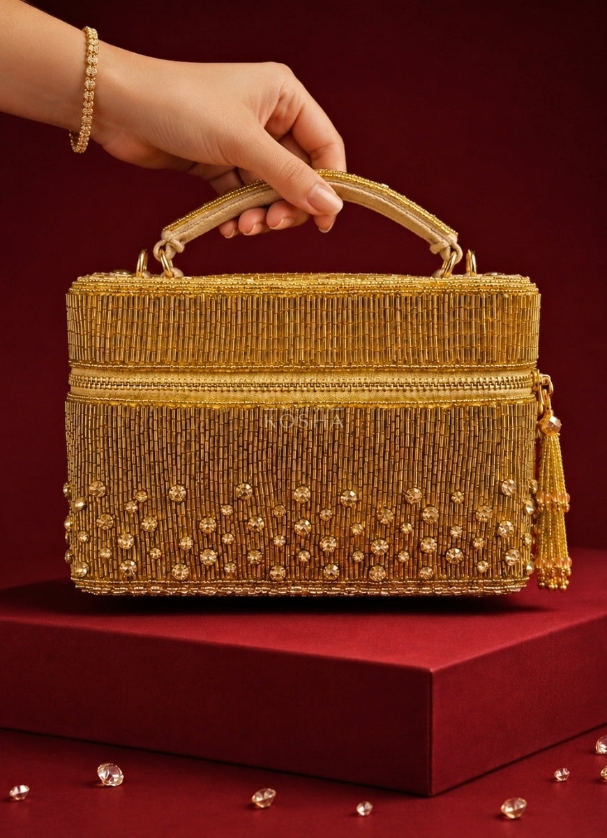 Gold Suede Embroidered Vanity Bag