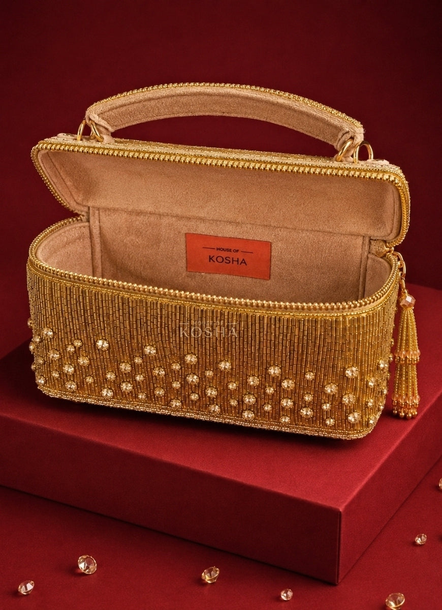 Gold Suede Embroidered Vanity Bag