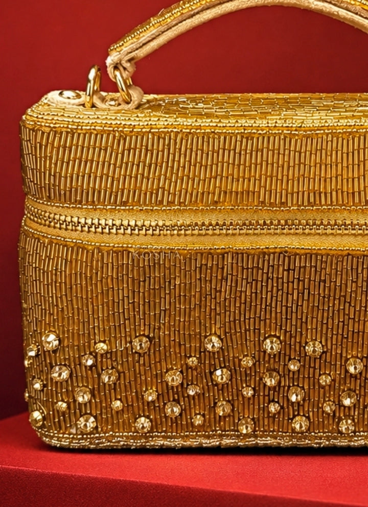 Gold Suede Embroidered Vanity Bag