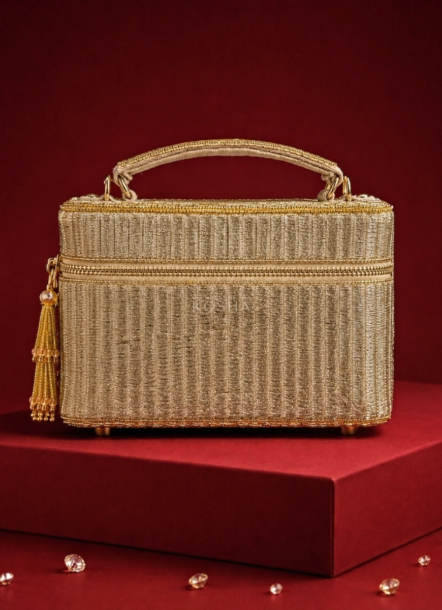 Gold Suede Embroidered Vanity Bag
