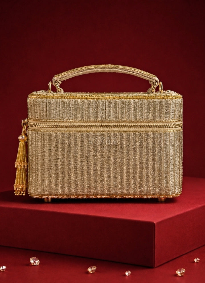 Gold Suede Embroidered Vanity Bag