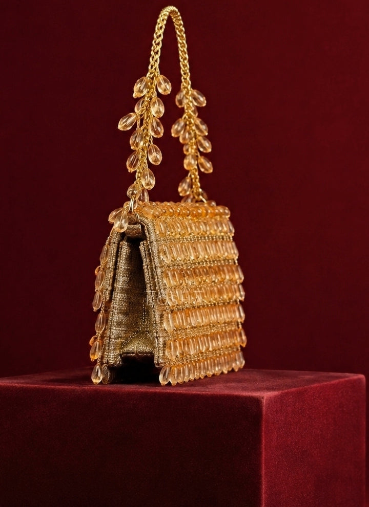 Gold Georgette Crystal Embellished Mini Bag