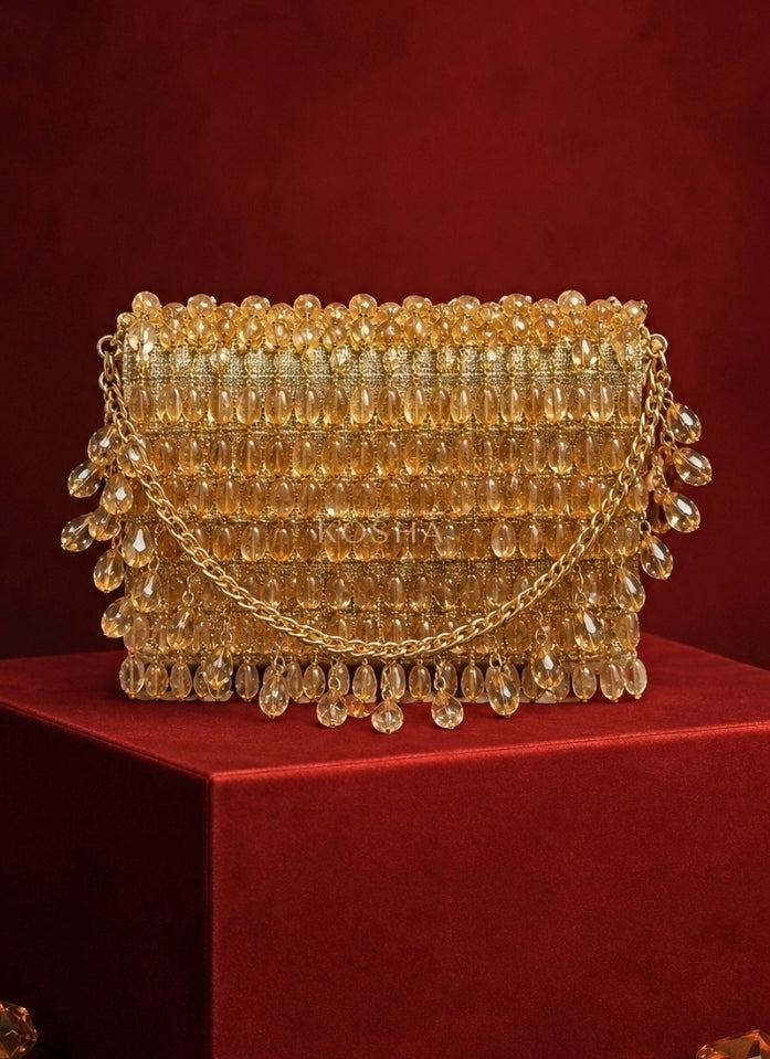 Gold Georgette Crystal Embellished Mini Bag