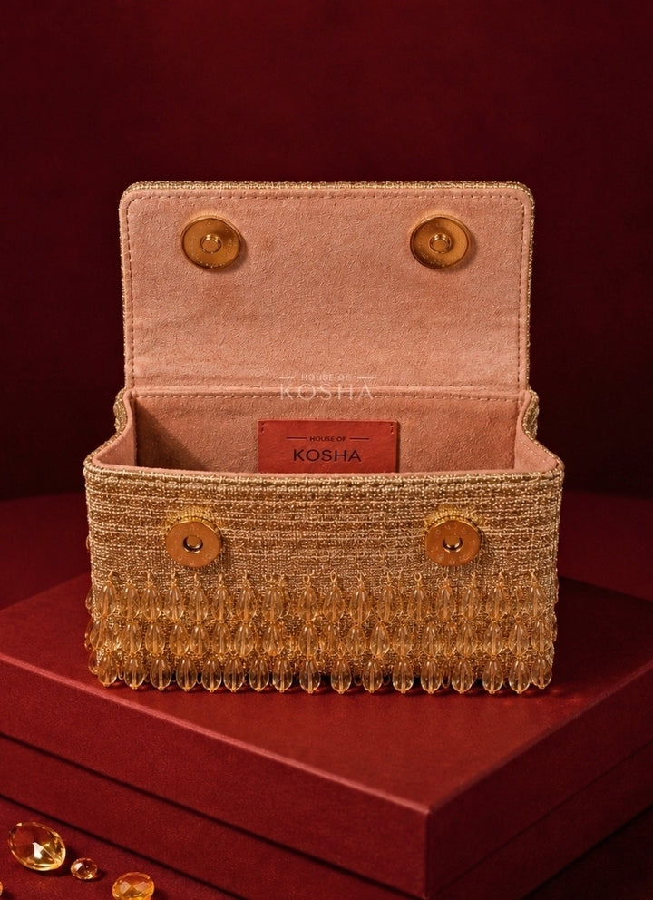 Gold Georgette Crystal Embellished Mini Bag
