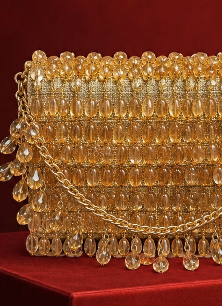Gold Georgette Crystal Embellished Mini Bag