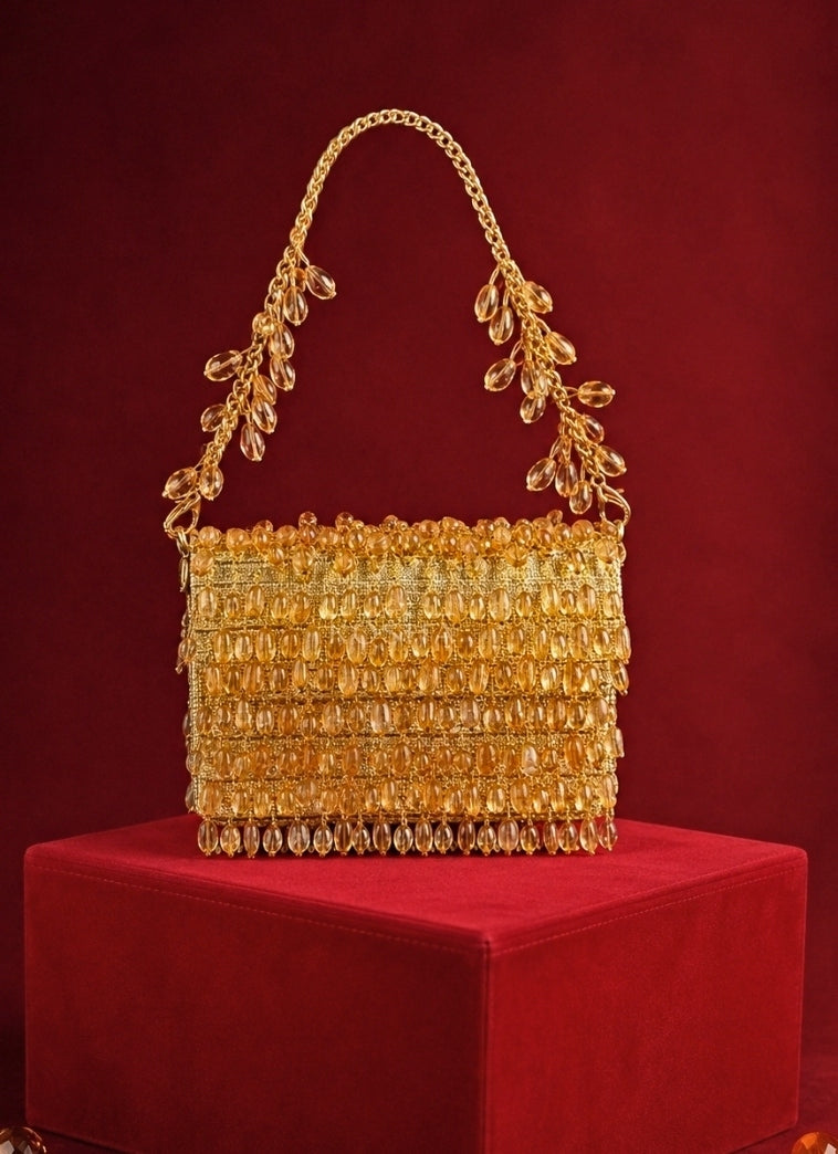 Gold Georgette Crystal Embellished Mini Bag