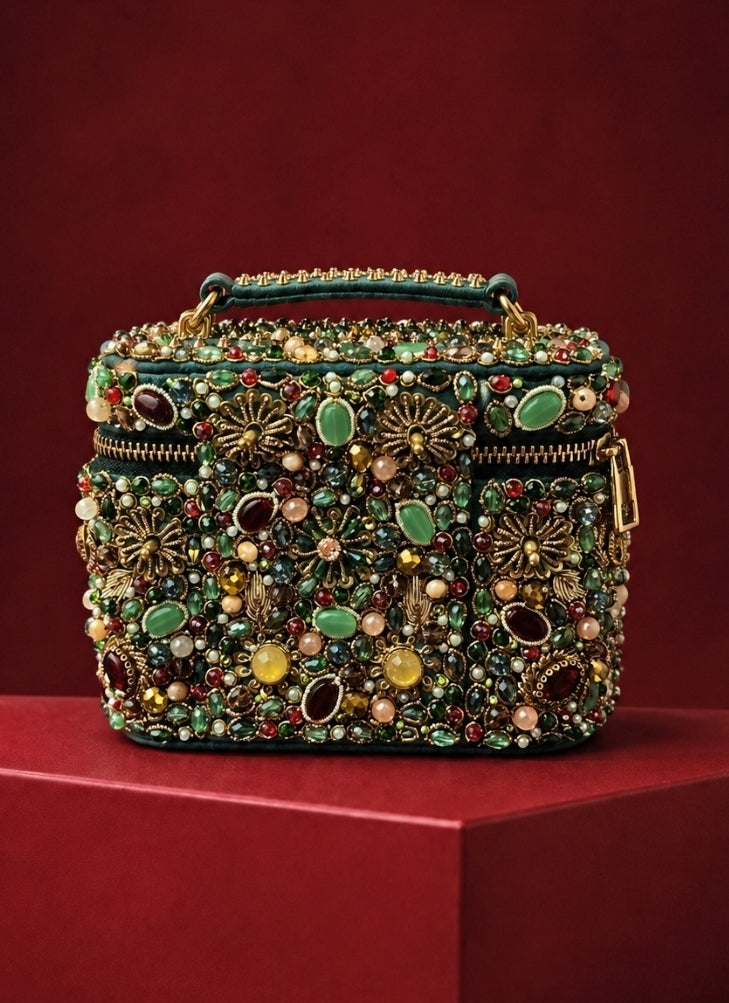 Multicolor Suede Embellished Vanity Bag