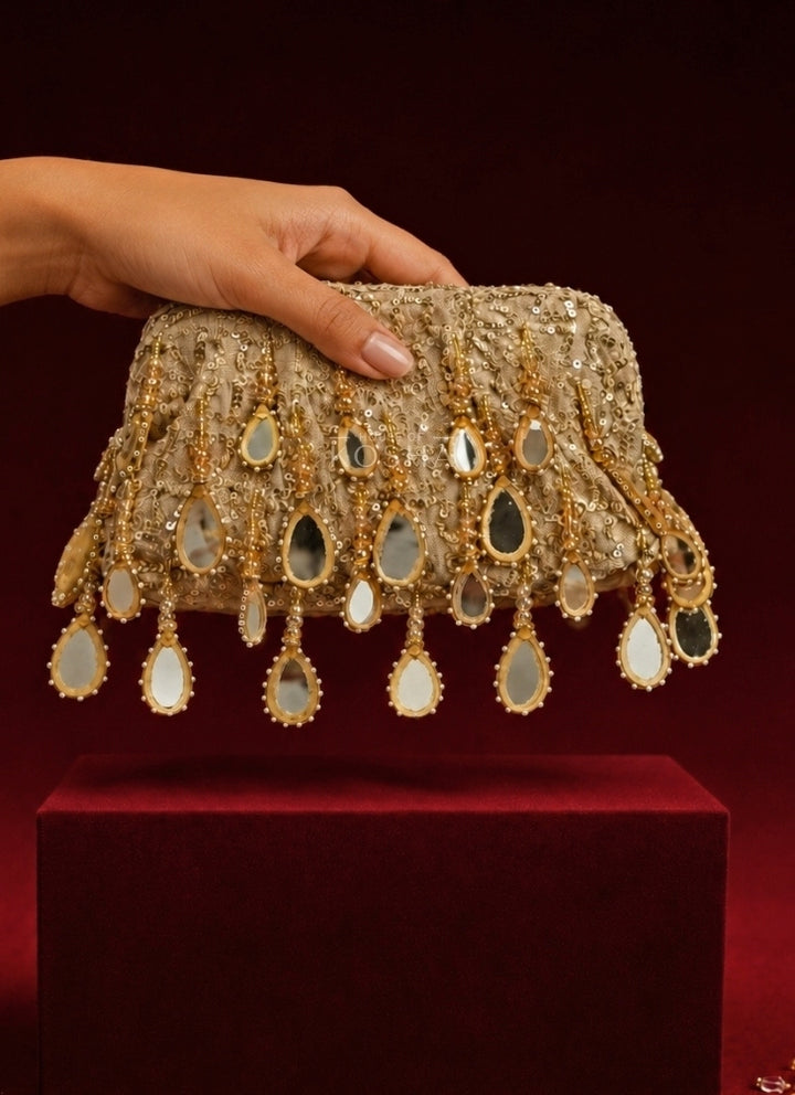 Gold Suede Embellished Clutch