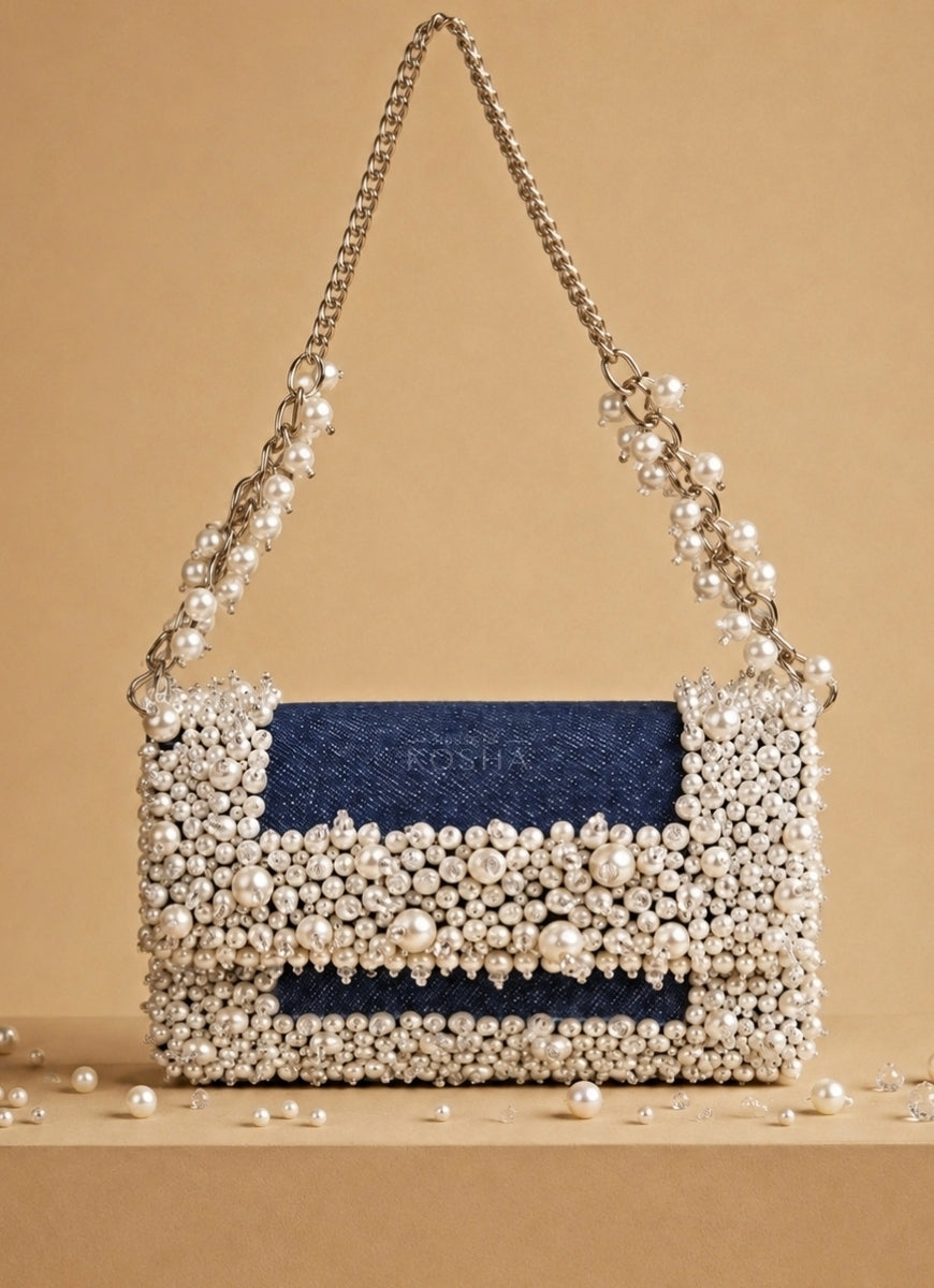 Blue Denim Pearl Embellished Clutch