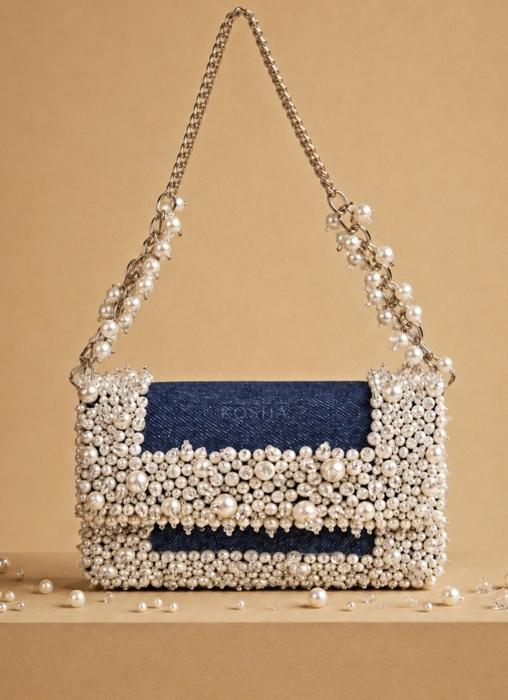 Blue Denim Pearl Embellished Clutch