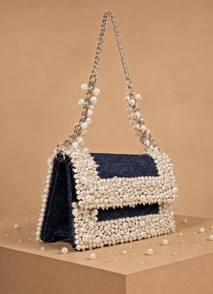 Blue Denim Pearl Embellished Clutch
