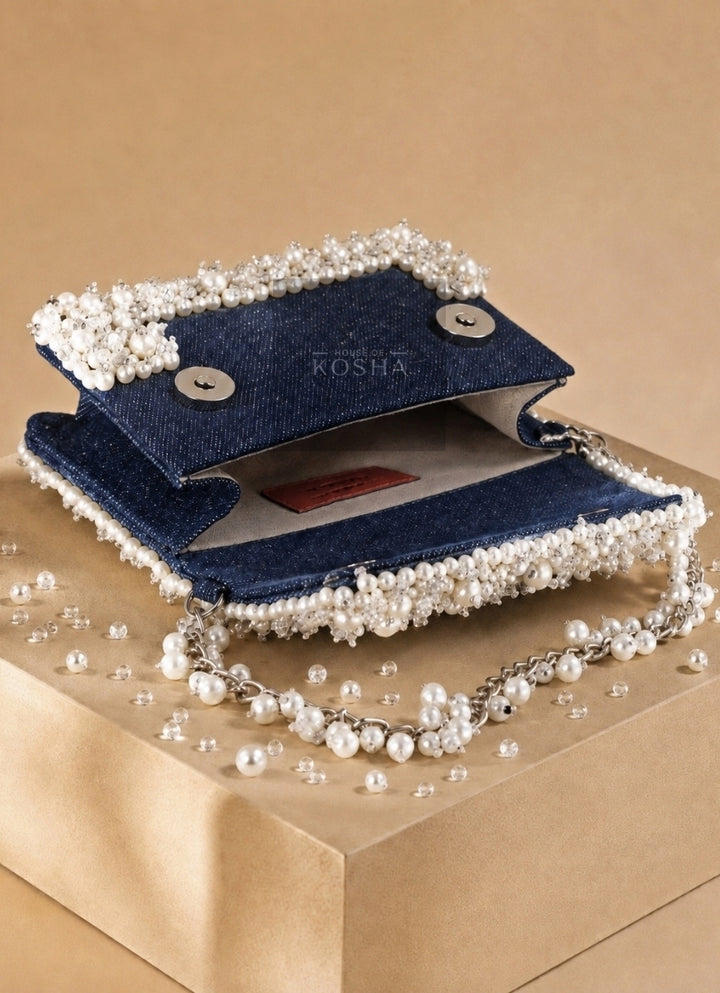 Blue Denim Pearl Embellished Clutch
