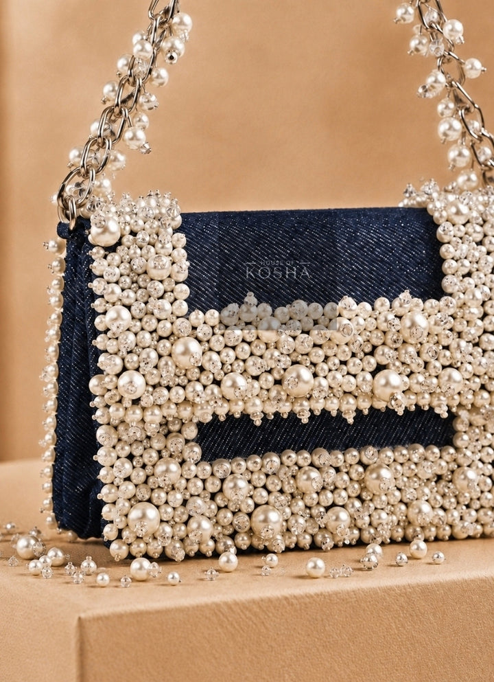 Blue Denim Pearl Embellished Clutch