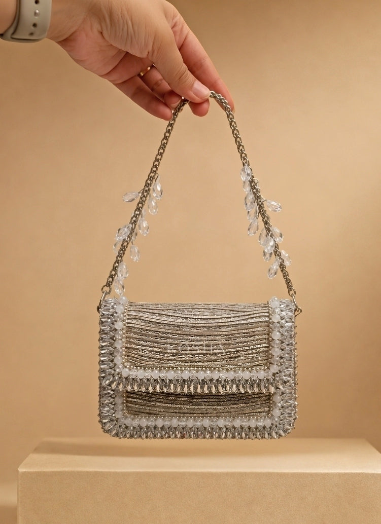 Silver Georgette Embellished Mini Bag