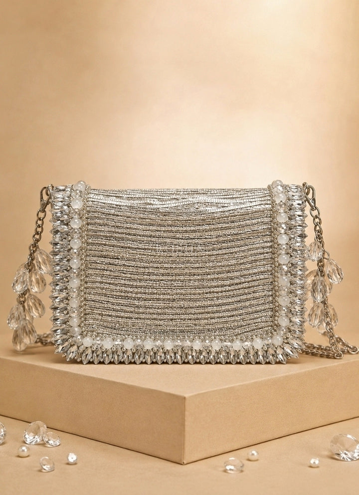 Silver Georgette Embellished Mini Bag