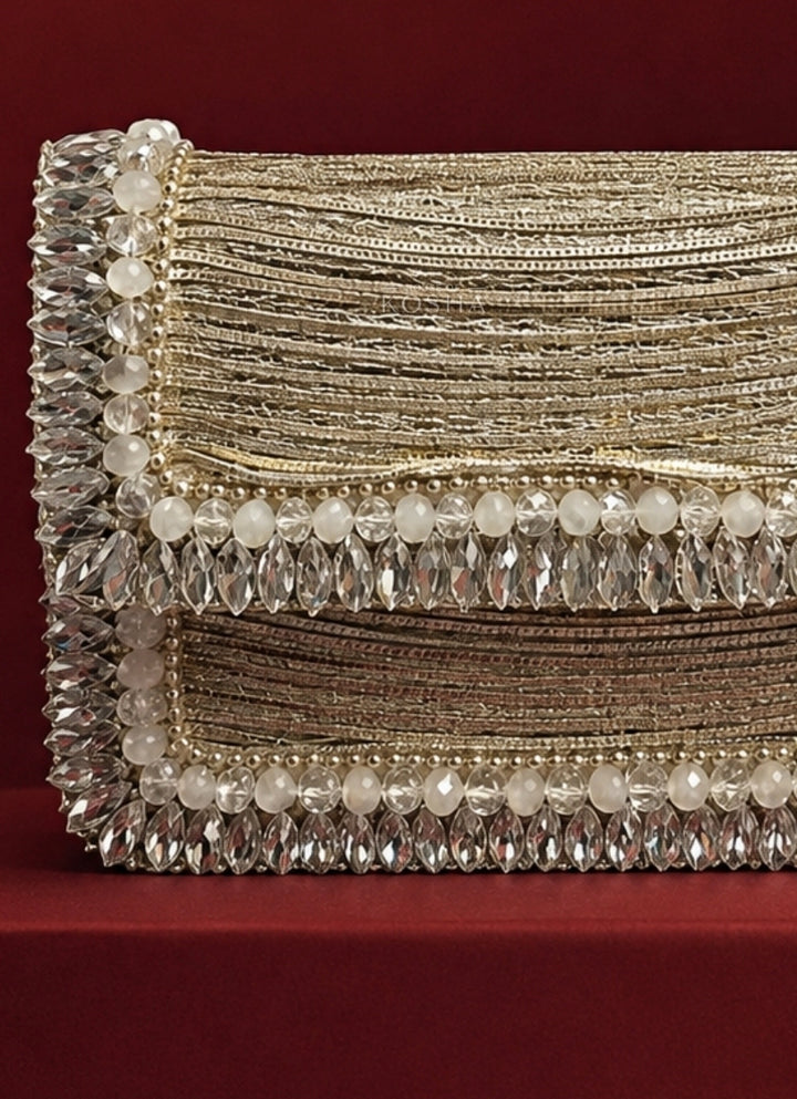 Silver Georgette Embellished Clutch