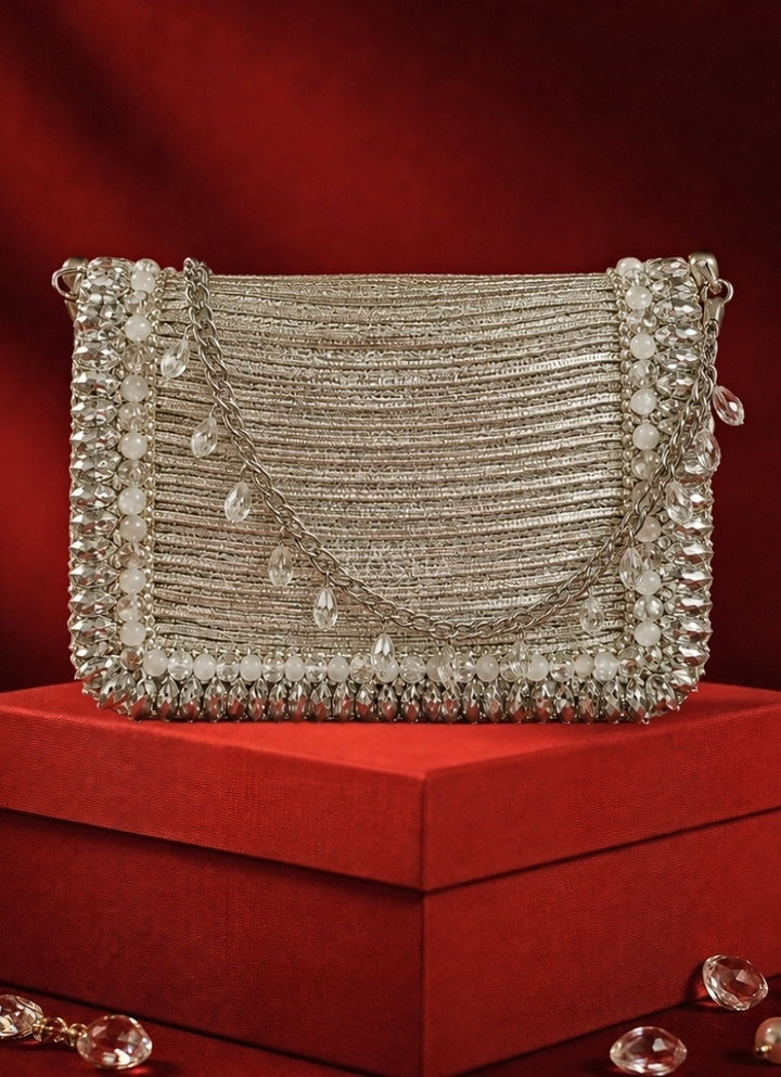 Silver Georgette Embellished Clutch