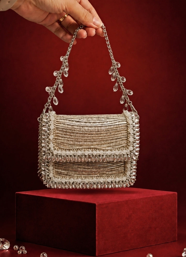Silver Georgette Embellished Clutch