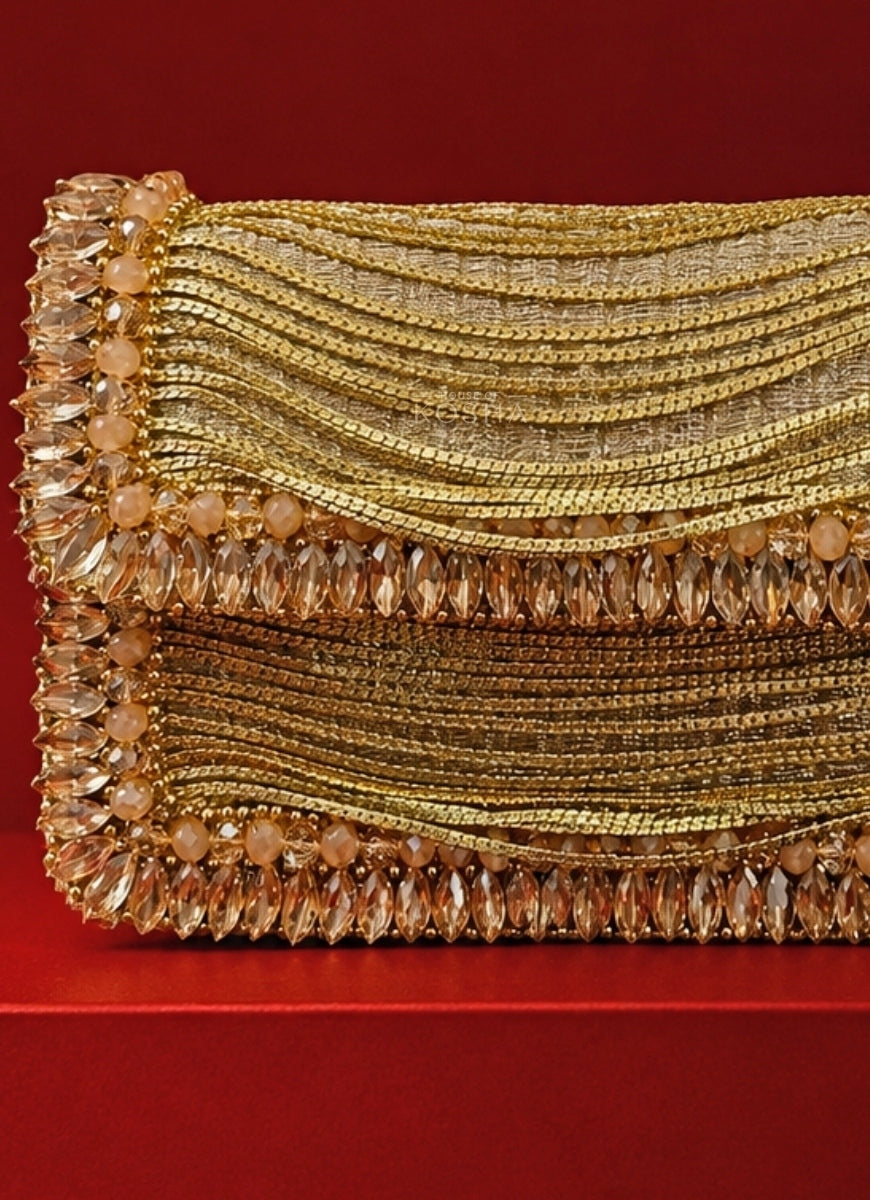 Gold Georgette Embellished Clutch