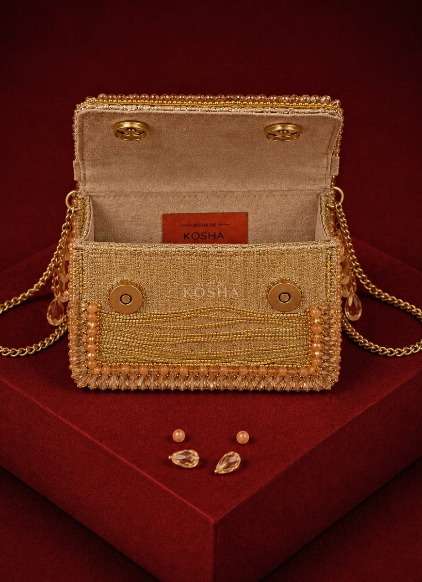 Gold Georgette Embellished Clutch