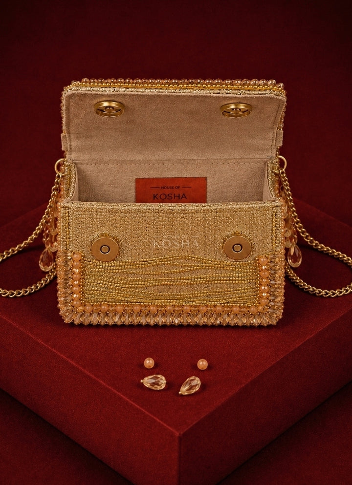 Gold Georgette Embellished Clutch