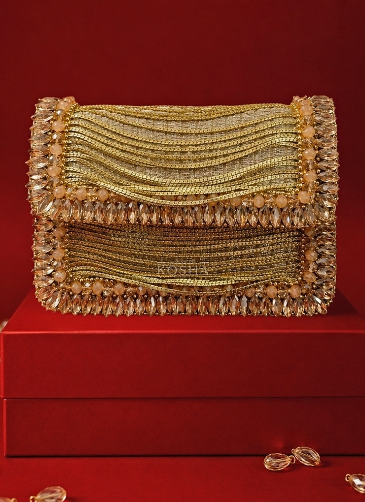 Gold Georgette Embellished Clutch