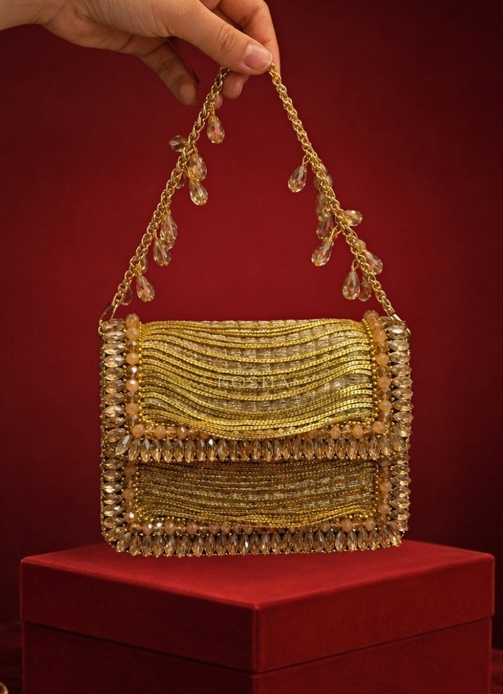 Gold Georgette Embellished Clutch